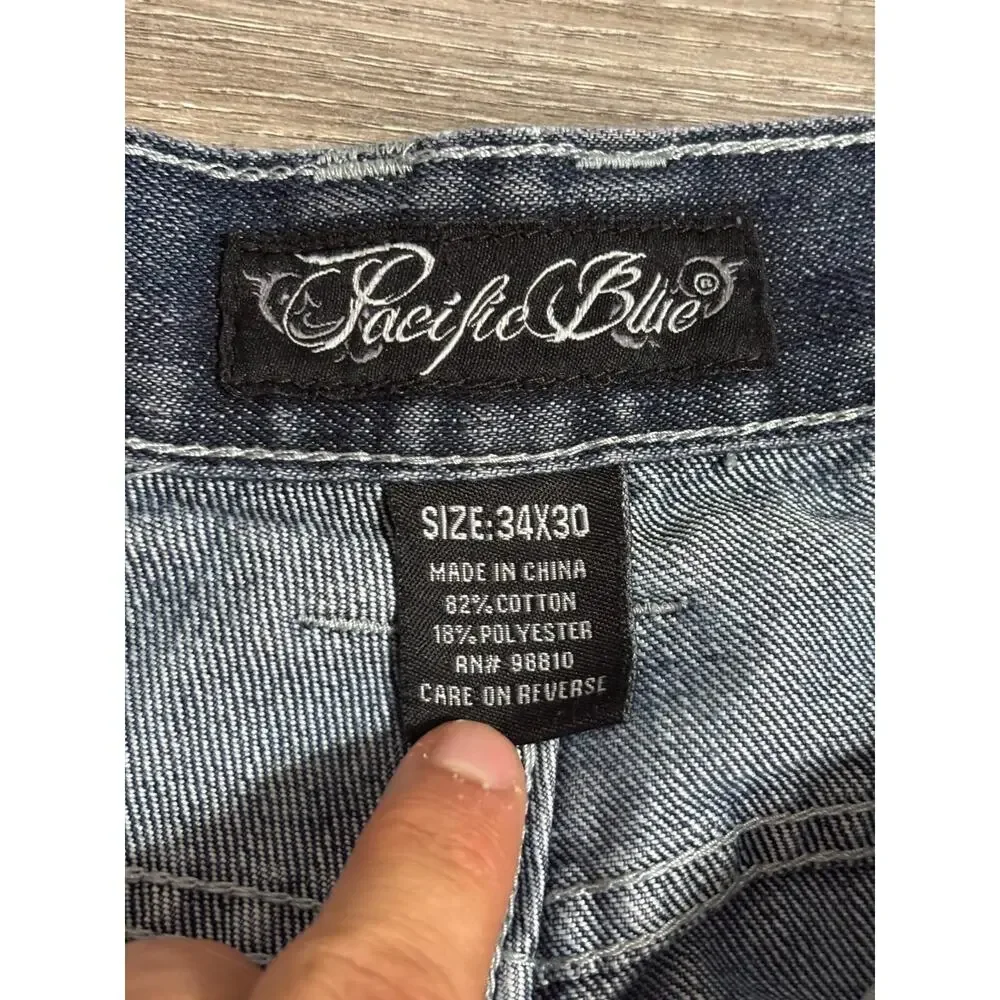 Pacific Blue Washed Baggy Jeans Y2K Streetwear Skater Retro - Men’s 36x30